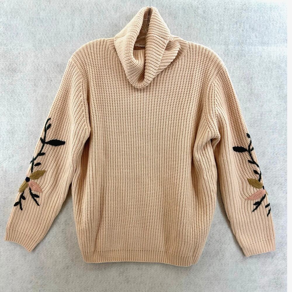 Mello Size Medium Sweater Turtle Neck Floral Embroidered Sleeves Knit Pink